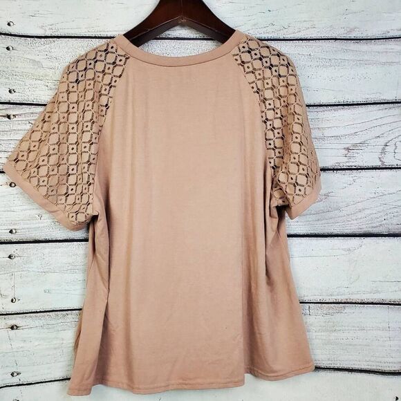 SHEIN Curve 4XL Taupe Blouse Crochet Sleeve Short Sleeve Soft Stretch Tee - Picture 3 of 6
